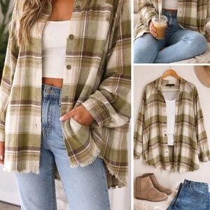Olive Green Plaid Shacket Raw Hem Lightweight Flannel Size Medium